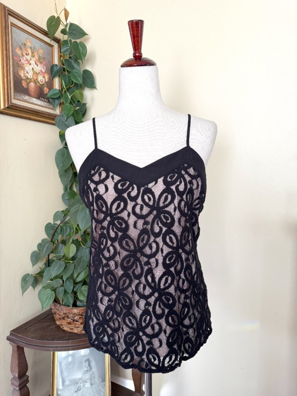 Skies Are Blue Black Lace Overlay Cami Tank sz S